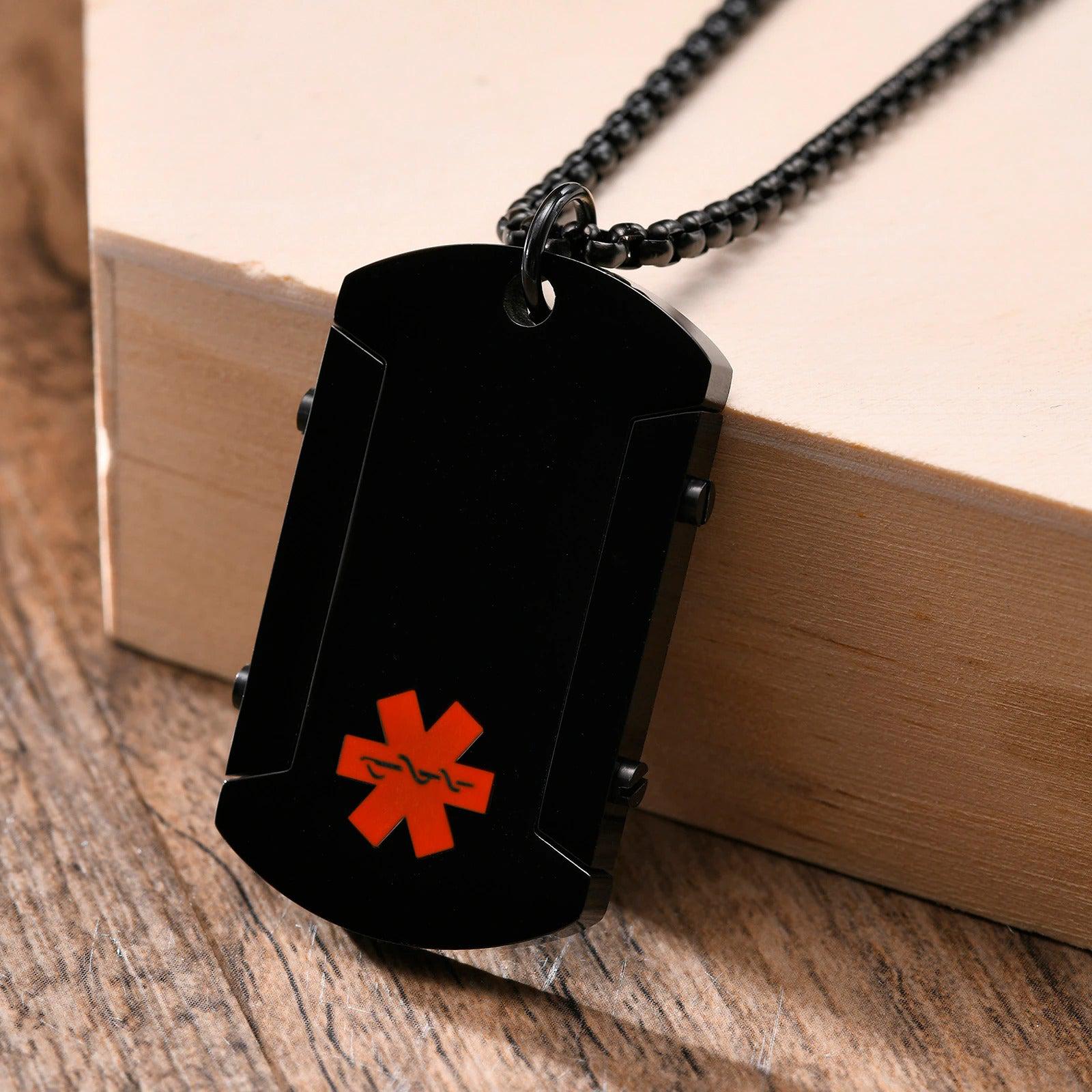 Personalised Black Medical Alert ID Pendant-Medical Necklace-Auswara