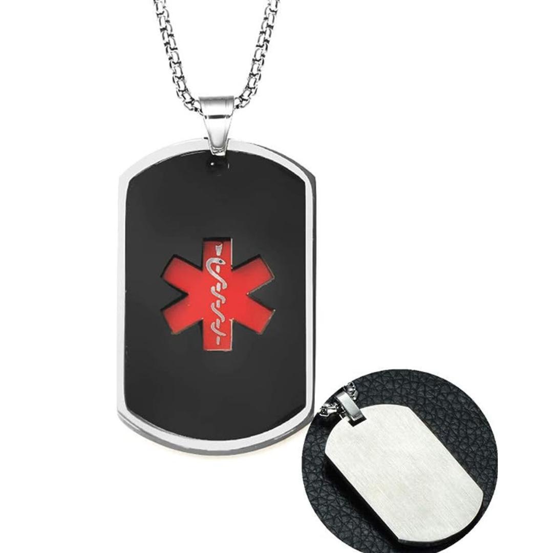 Personalised Black Medical ID Tag Necklace with with Black/Silver Chain