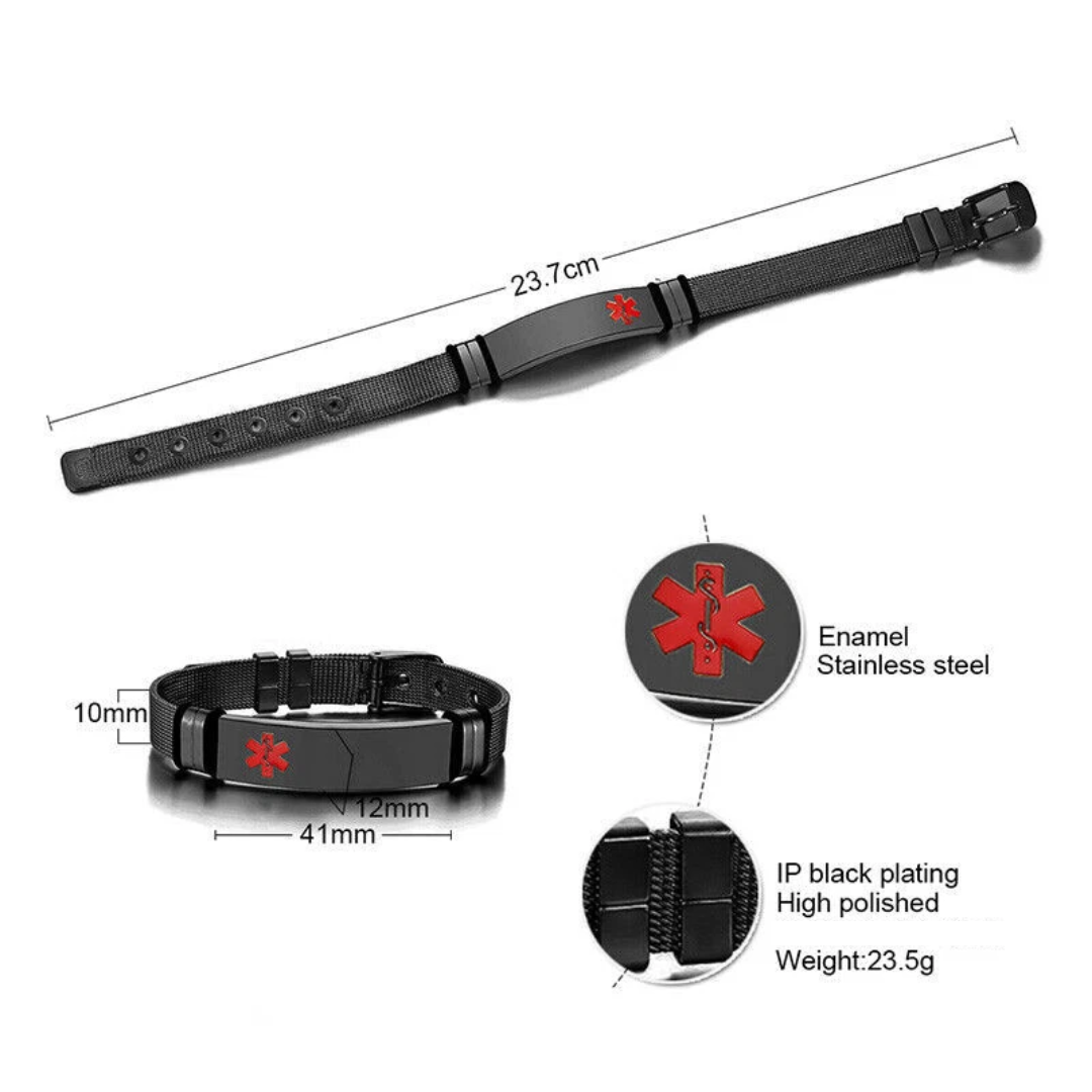 Personalised Black Mesh Medical Alert Bracelet - Red Logo