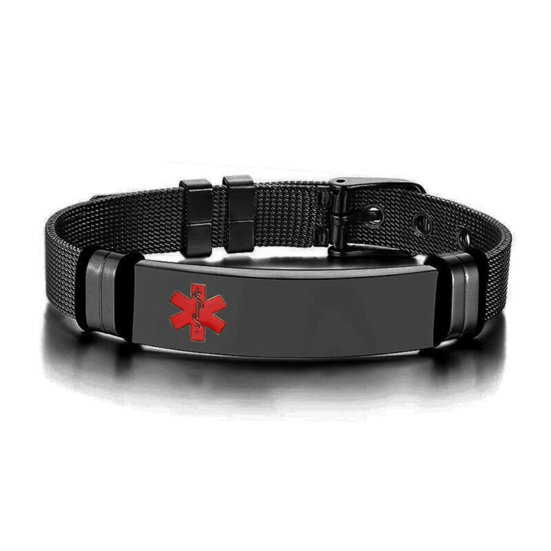 Personalised Black Mesh Medical Alert Bracelet - Red Logo