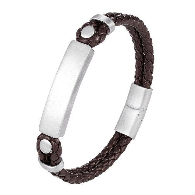 Personalised Brown Leather Bracelet with Magnetic Buckle-Personalised Bracelet-Auswara