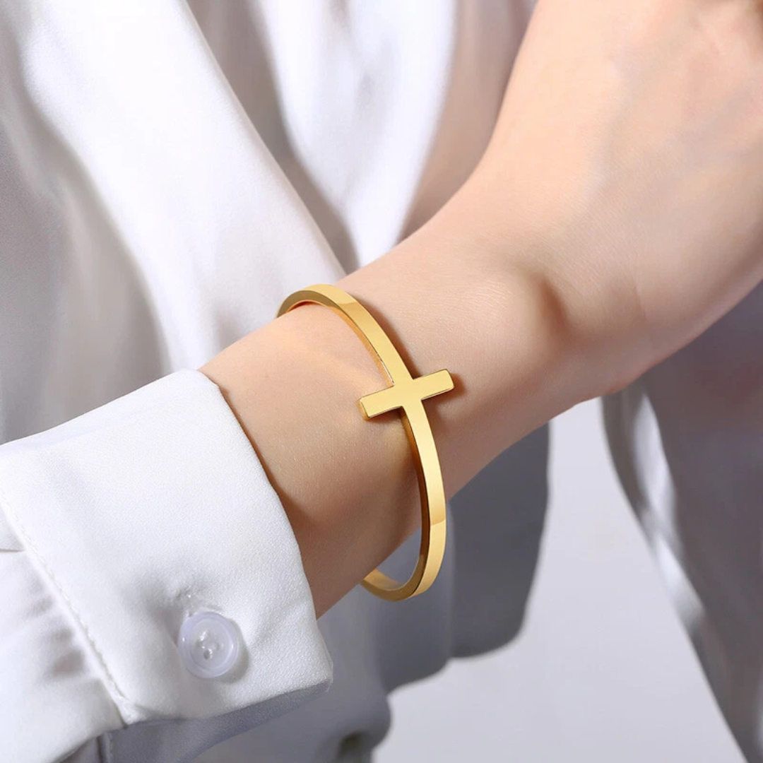 Personalised Gold Colour Cross Cuff Christian Bracelet