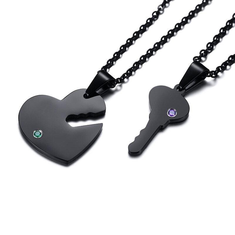 Personalised Key to my Heart Couples Necklace with Cubic Zirconia-Couples Necklace-Auswara