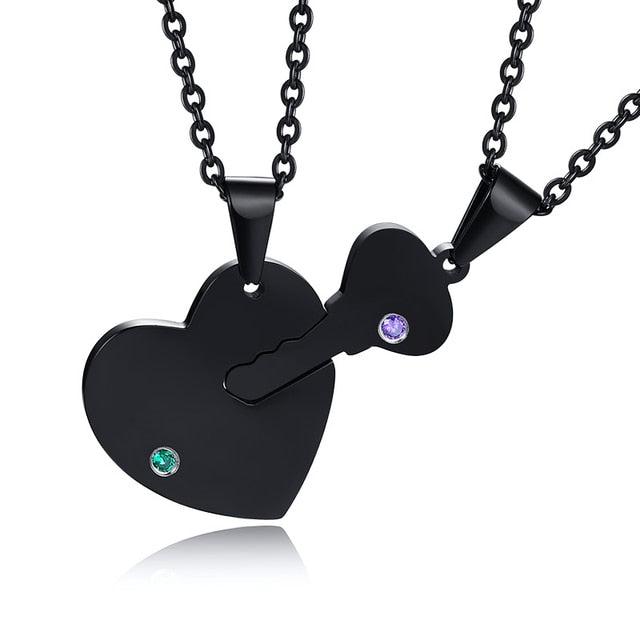 Personalised Key to my Heart Couples Necklace with Cubic Zirconia-Couples Necklace-Auswara