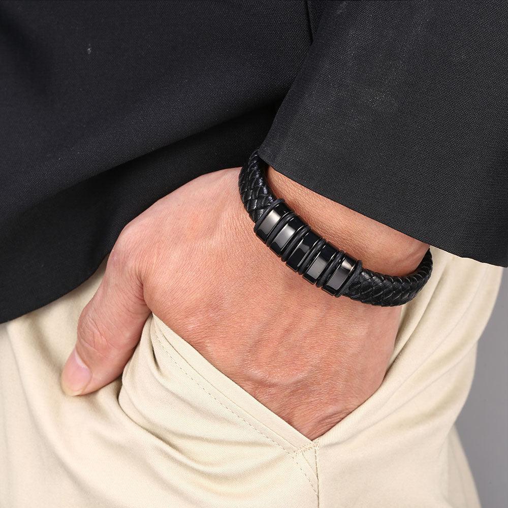 Personalised Leather Bracelet with Coloured Steel-Personalised Bracelet-Auswara