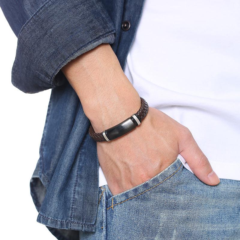 Personalised Leather Bracelet with Black Bar (OLD TEMPLATE)-Personalised Bracelet-Auswara