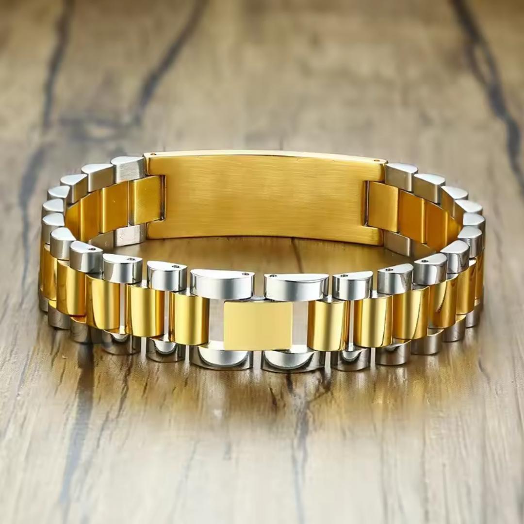 Personalised Lumira Steel Bracelet in Silver & Gold - Gold Colour Plate-Personalised Bracelet-Auswara