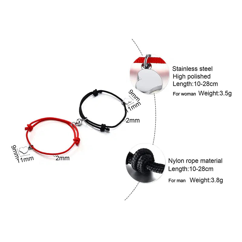 Personalised Magnetic Couple Rope Bracelet with Heart Charm-Couple Bracelet-Auswara