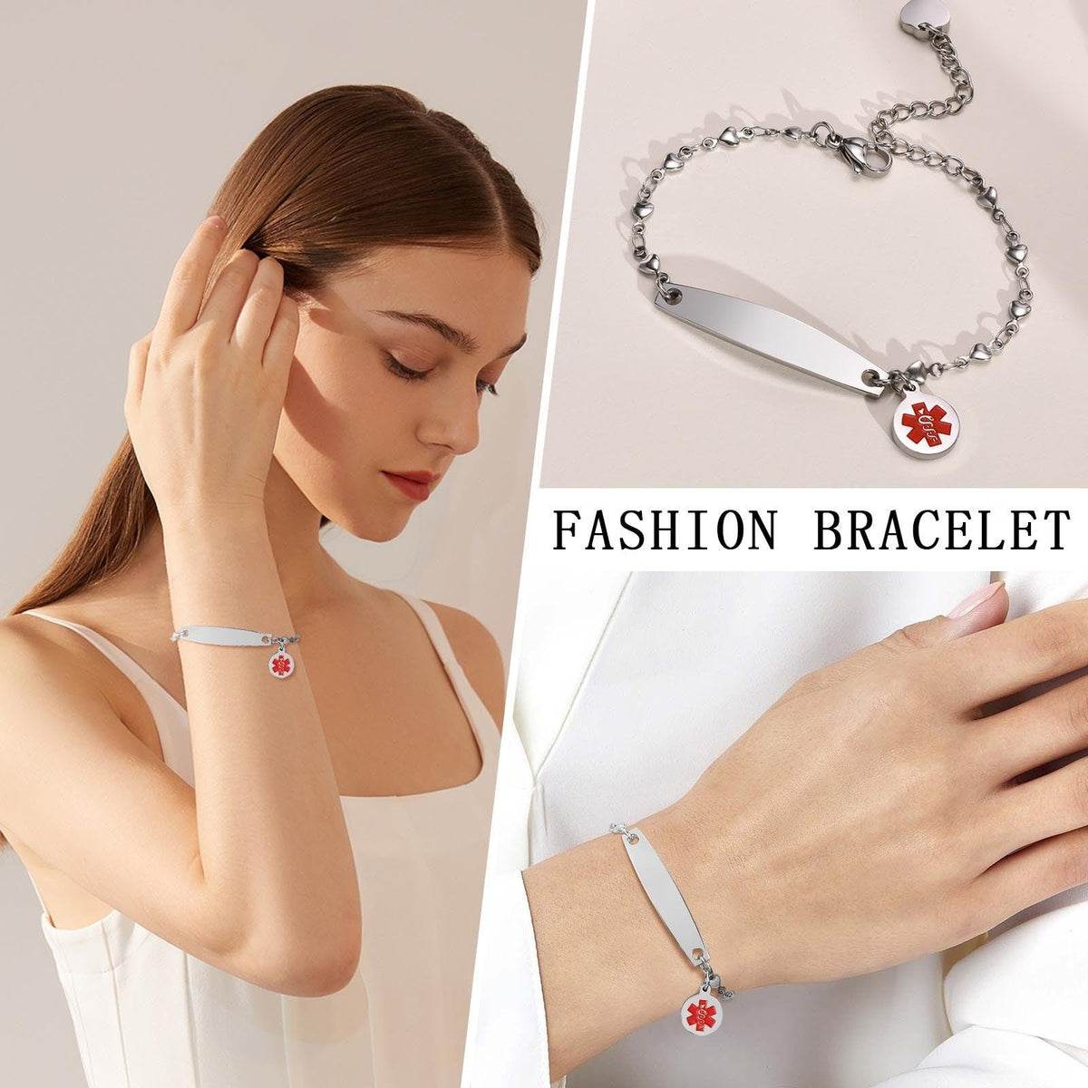 Personalised Medical Alert Heart Link Bracelet-Medical ID Bracelet-Auswara