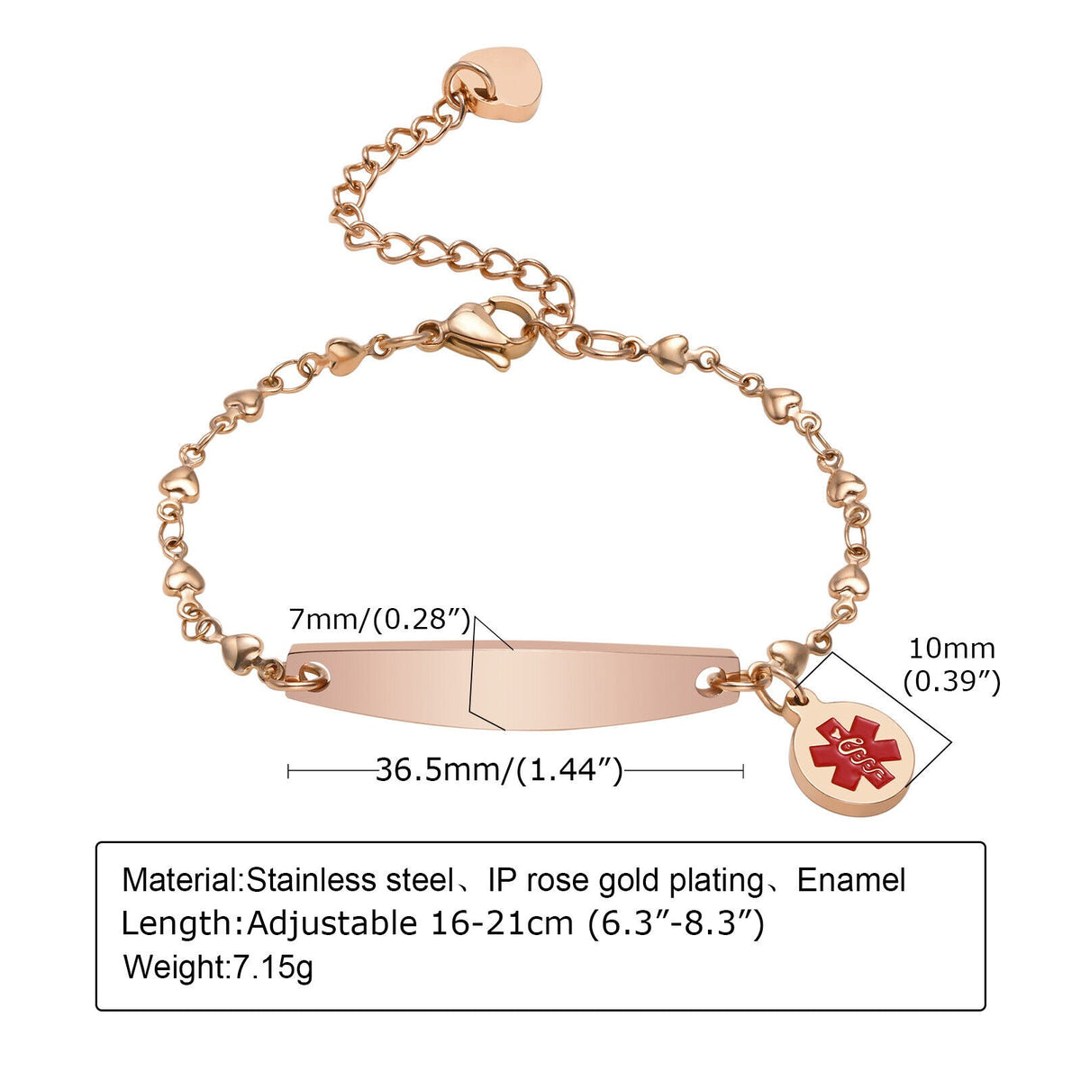 Personalised Medical Alert Heart Link Bracelet - Rose Gold-Medical ID Bracelet-Auswara