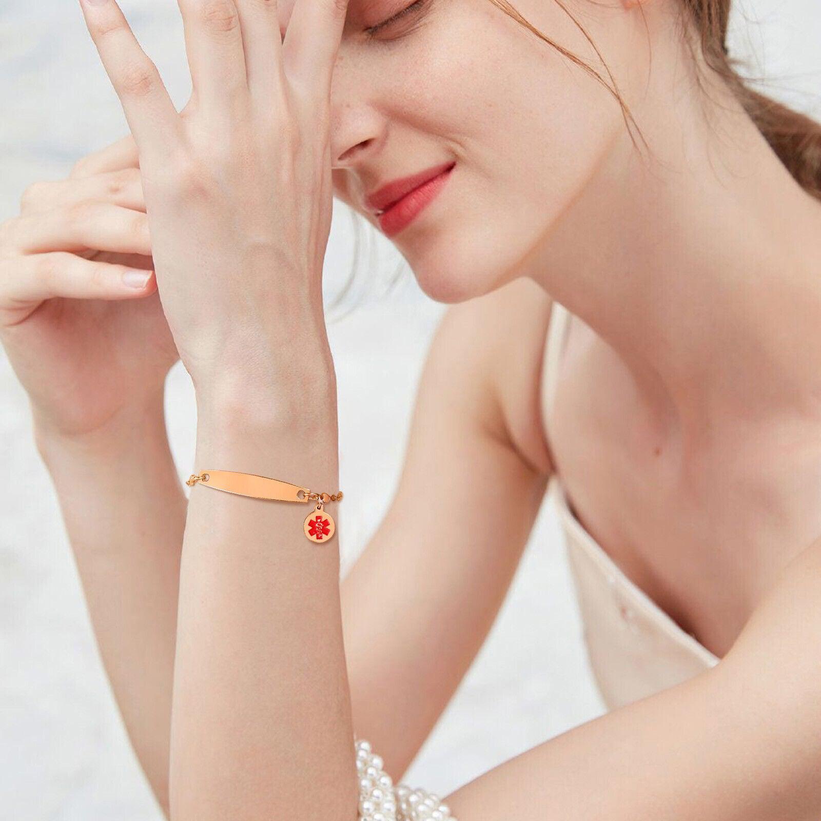 Personalised Medical Alert Heart Link Bracelet Rose Gold Auswara