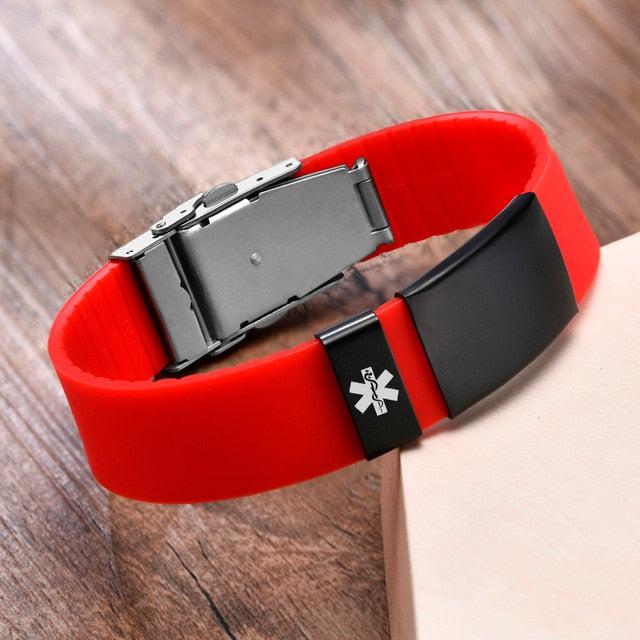 Personalised Red Silicone Medical Alert ID Bracelet with Black Bar-Medical ID Bracelet-Auswara