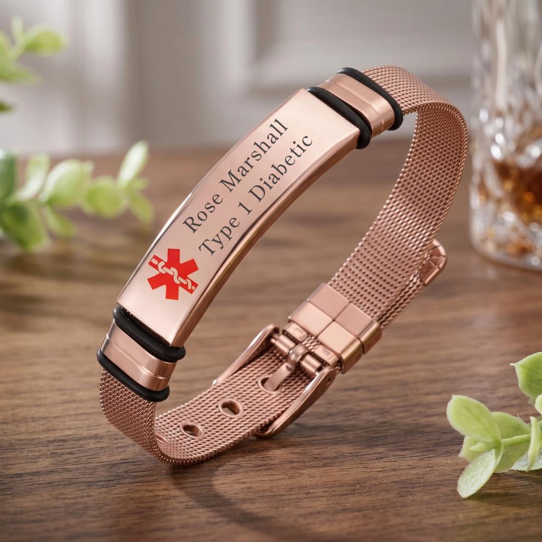 Personalised Rose Gold Medical Alert ID Mesh Bracelet-Medical ID Bracelet-Auswara