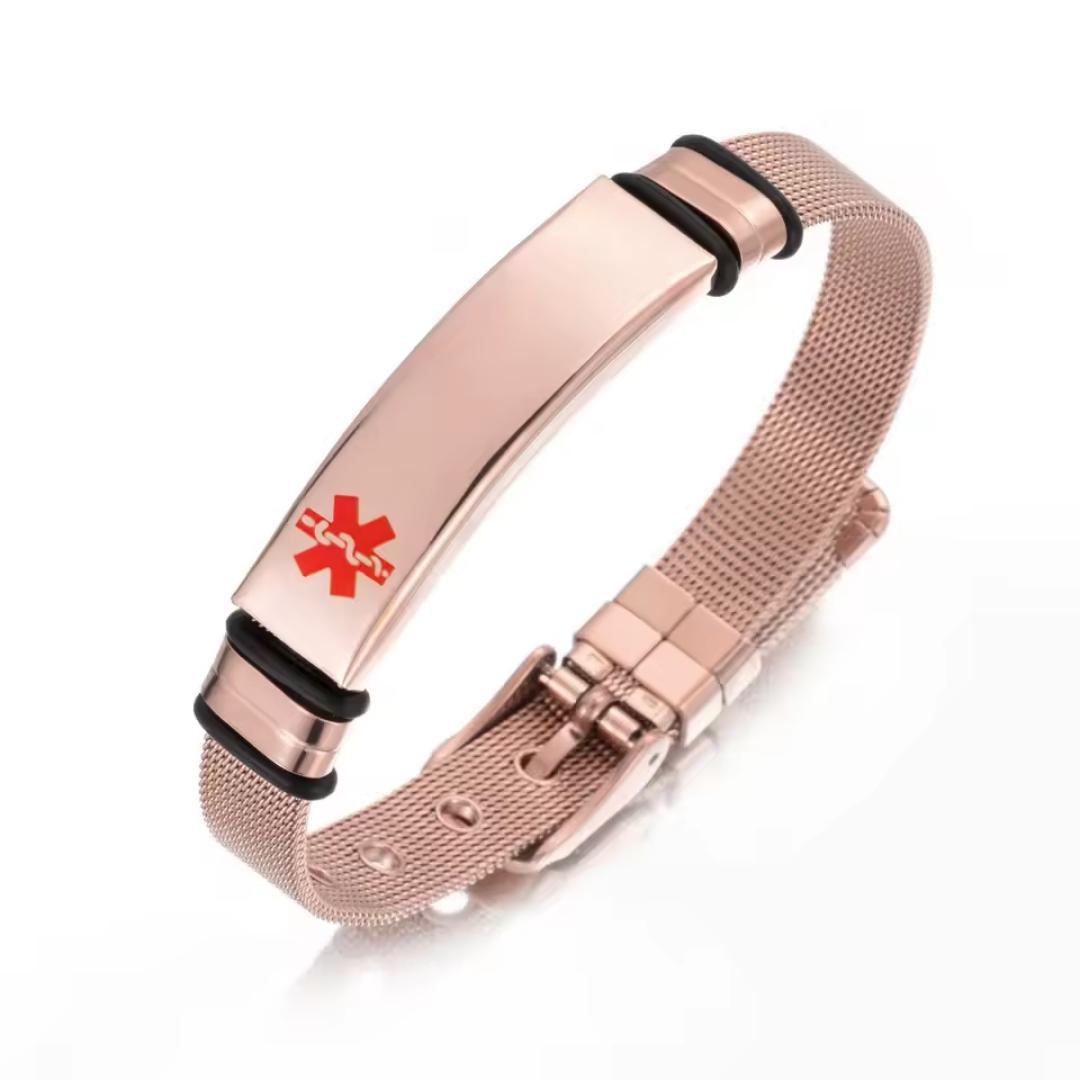 Personalised Rose Gold Medical Alert ID Mesh Bracelet-Medical ID Bracelet-Auswara