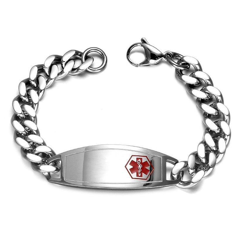 Personalised Silver Steel Medical Alert Chain Bracelet-Medical ID Bracelet-Auswara
