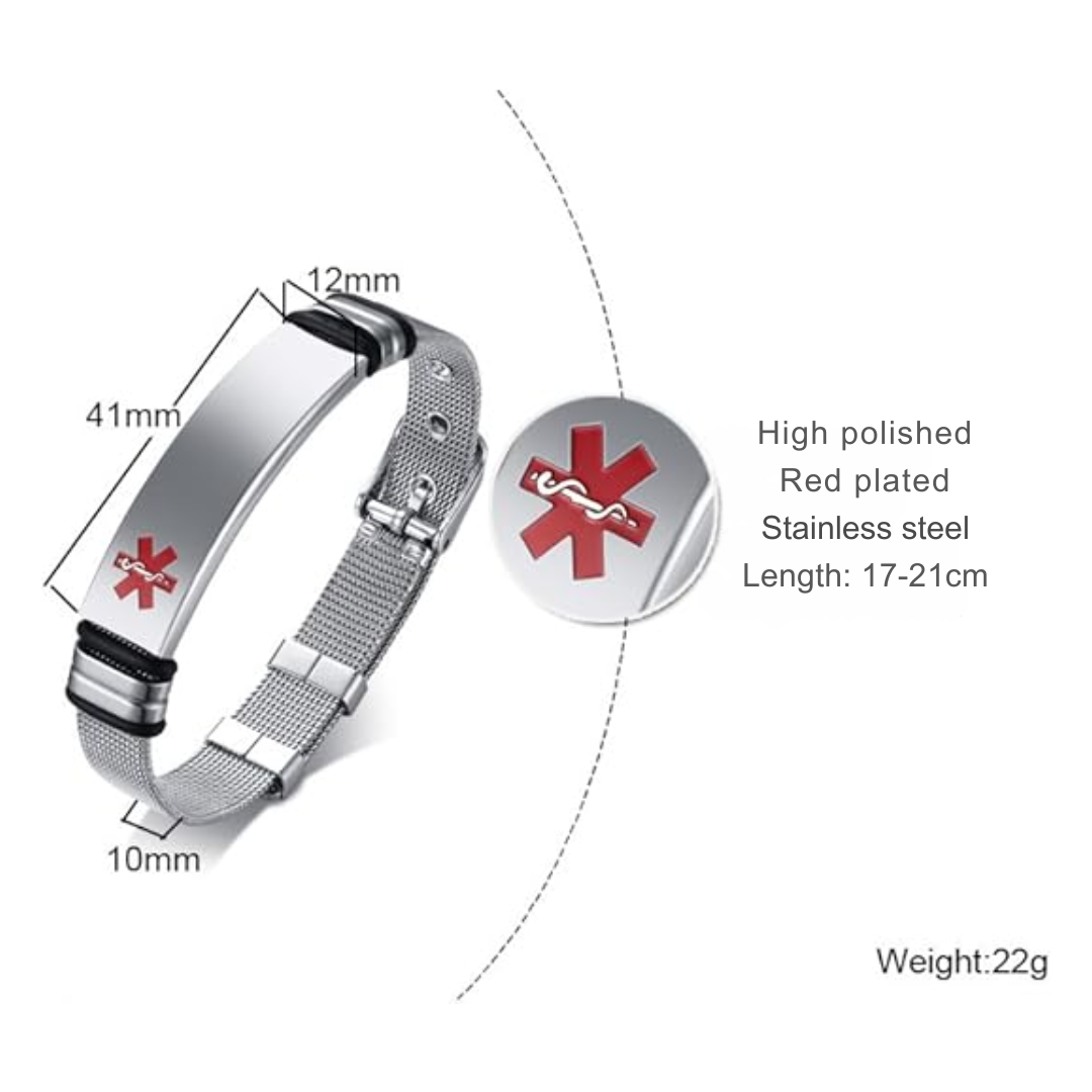 Personalised Silver Steel Medical Alert ID Mesh Bracelet