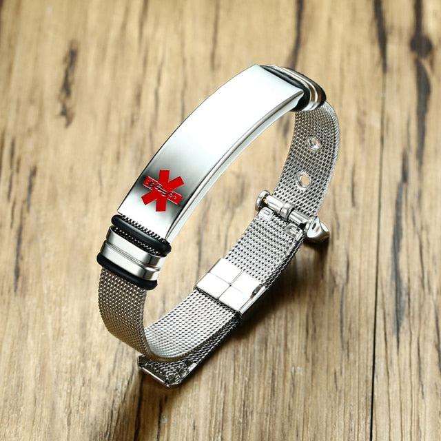 Personalised Silver Steel Medical Alert ID Mesh Bracelet-Medical ID Bracelet-Auswara