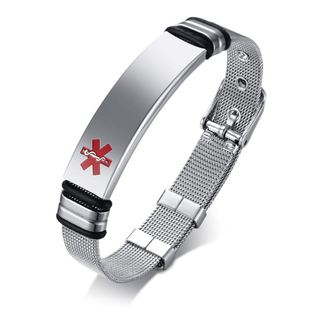 Personalised Silver Steel Medical Alert ID Mesh Bracelet