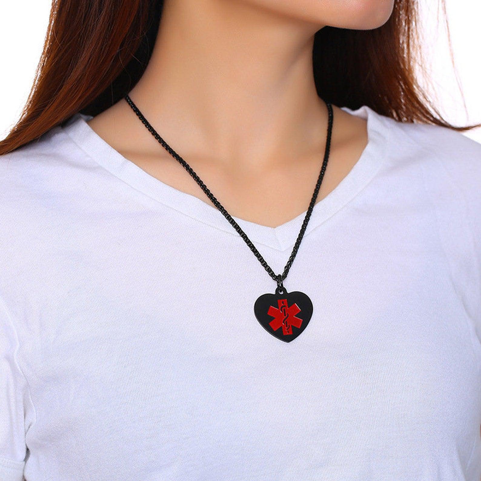 Personalised Stainless Steel Medical Heart ID Pendant – Black Colour-Medical Necklace-Auswara