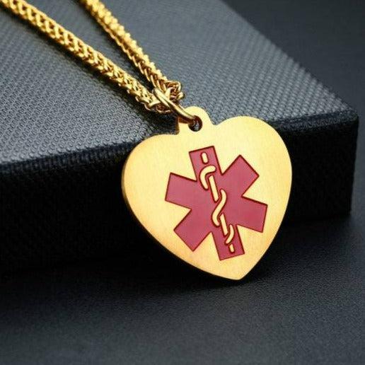 Personalised Stainless Steel Medical Heart ID Pendant – Gold Colour-Medical Necklace-Auswara