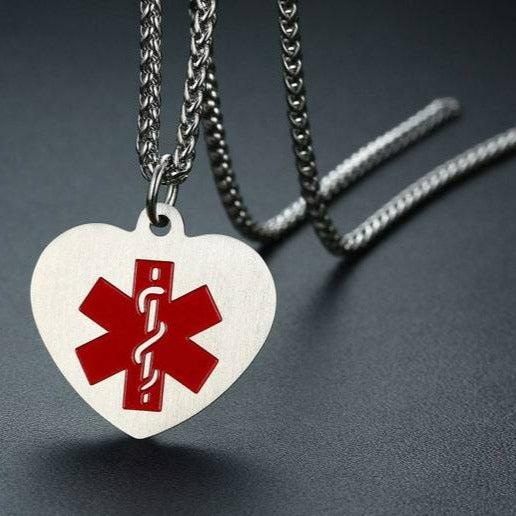 Personalised Stainless Steel Medical Heart ID Pendant – Silver Colour-Medical Necklace-Auswara