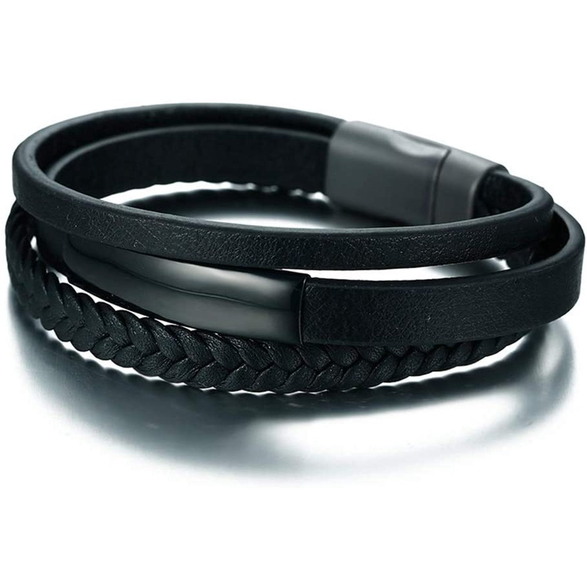 Personalised Three Layered Leather Bracelet with Magnetic Clasp-Personalised Bracelet-Auswara