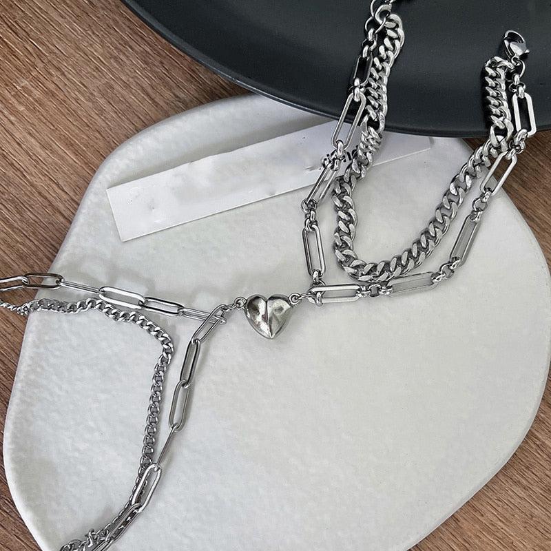 Personalised Two Chains Couples Bracelets with Magnetic Heart-Couple Bracelet-Auswara