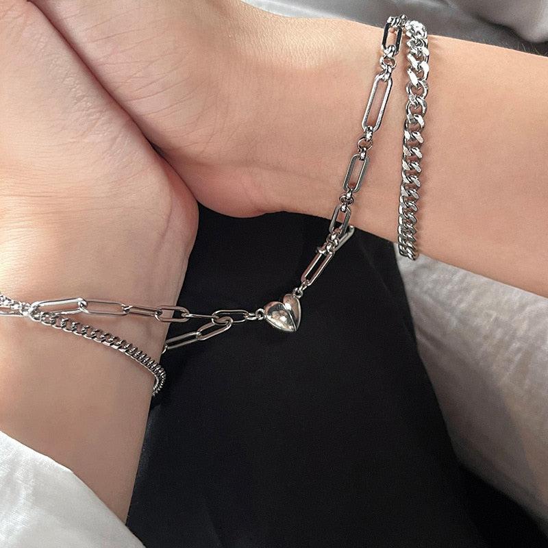 Personalised Two Chains Couples Bracelets with Magnetic Heart-Couple Bracelet-Auswara
