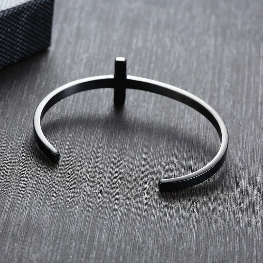 Personalised Unisex Black Plated Cross Cuff Christian Bracelet