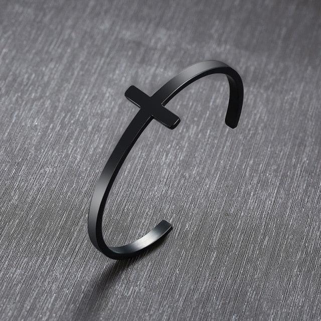 Engravable Unisex Black Plated Cross Cuff Christian Bracelet-Cross Bracelet-Auswara