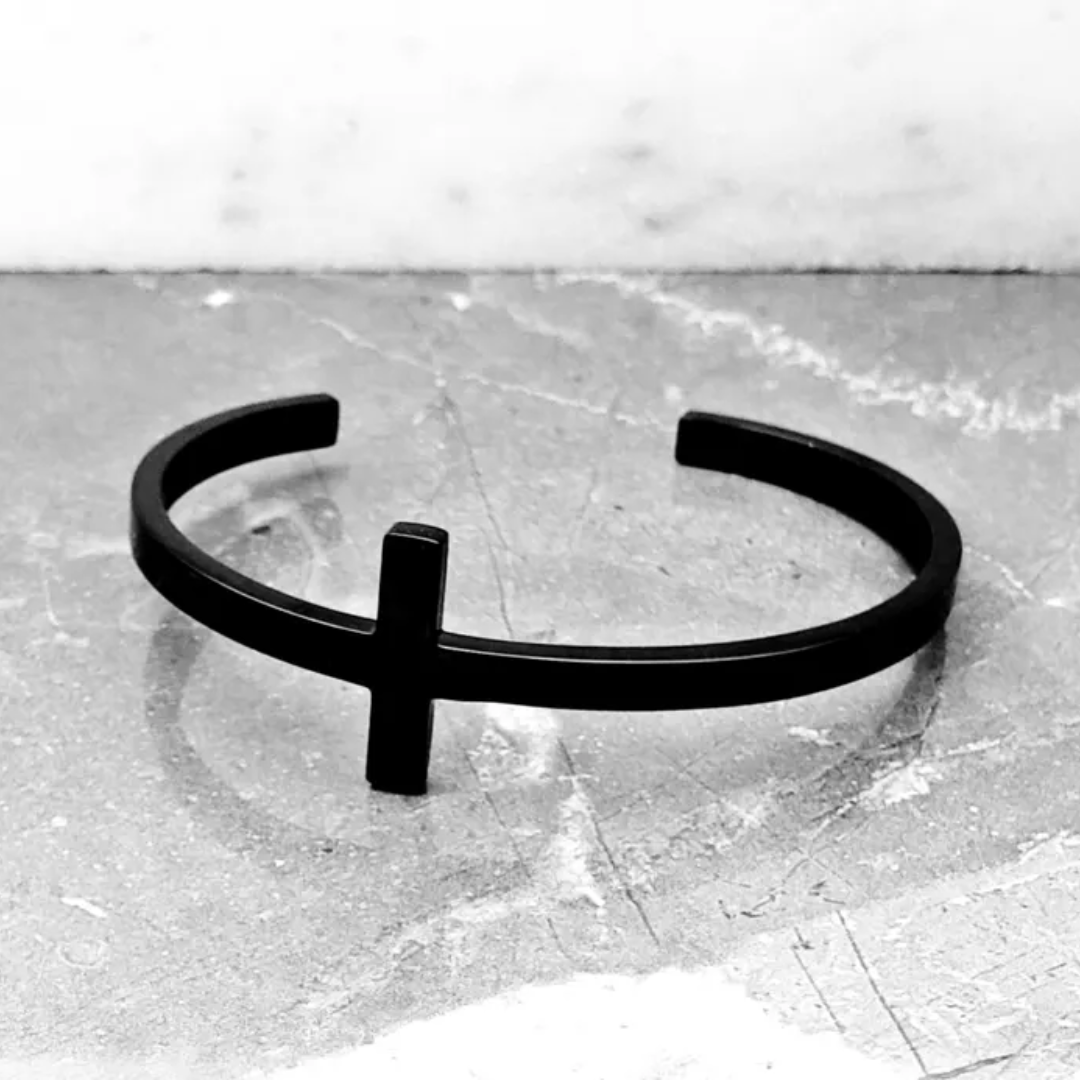 Personalised Unisex Black Plated Cross Cuff Christian Bracelet