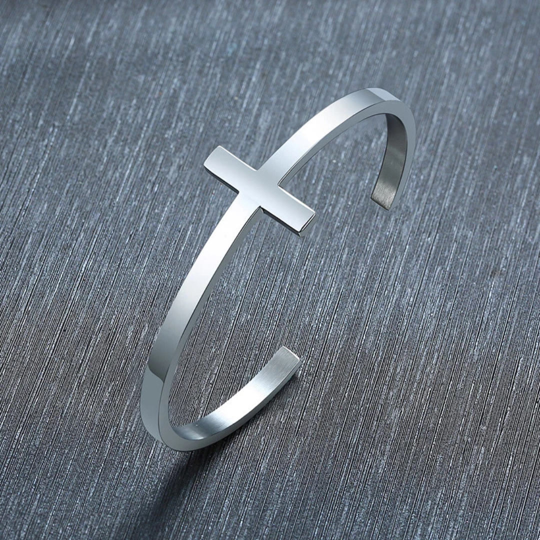 Personalised Unisex Steel Colour Cross Cuff Christian Bracelet