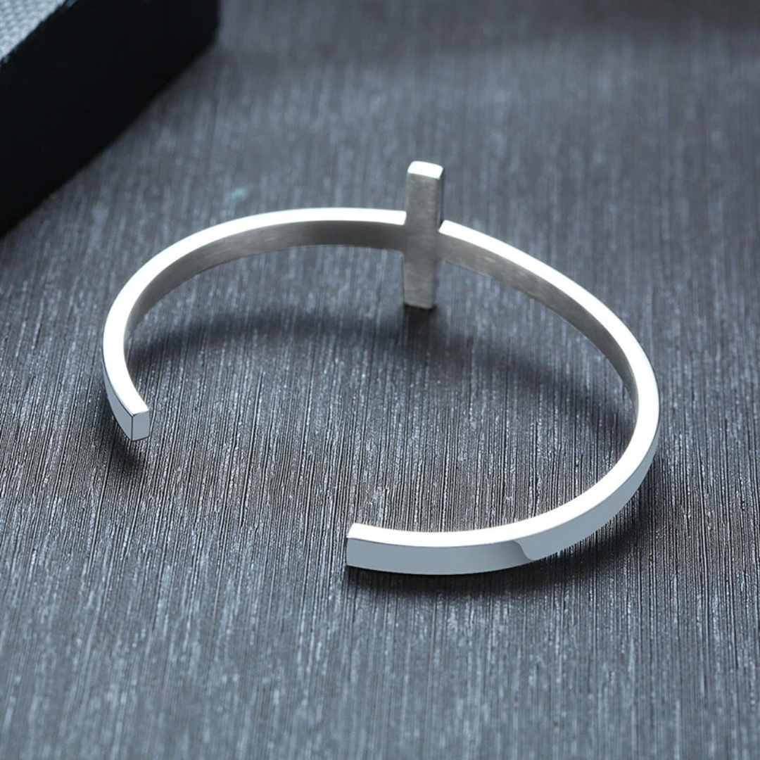Personalised Unisex Steel Colour Cross Cuff Christian Bracelet