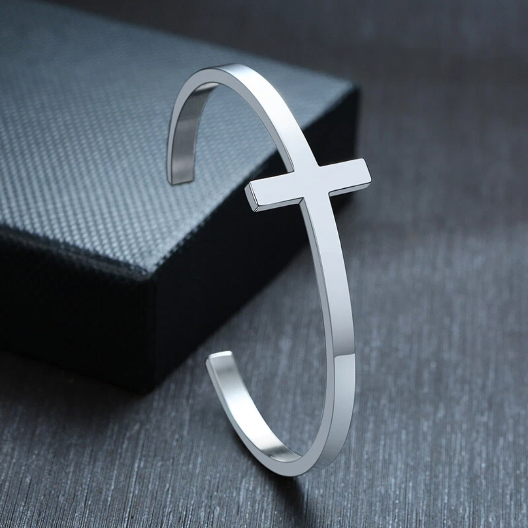 Personalised Unisex Steel Colour Cross Cuff Christian Bracelet