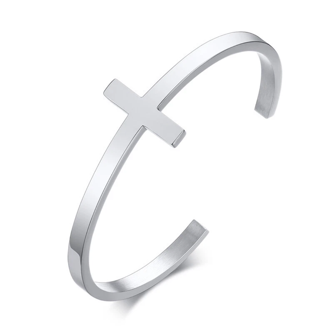 Personalised Unisex Steel Colour Cross Cuff Christian Bracelet