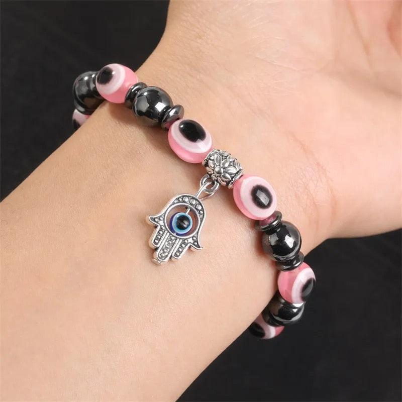 Pink & Grey Evil Eye Beads Bracelet with Hamsa Charm-Evil Eye Bracelet-Auswara