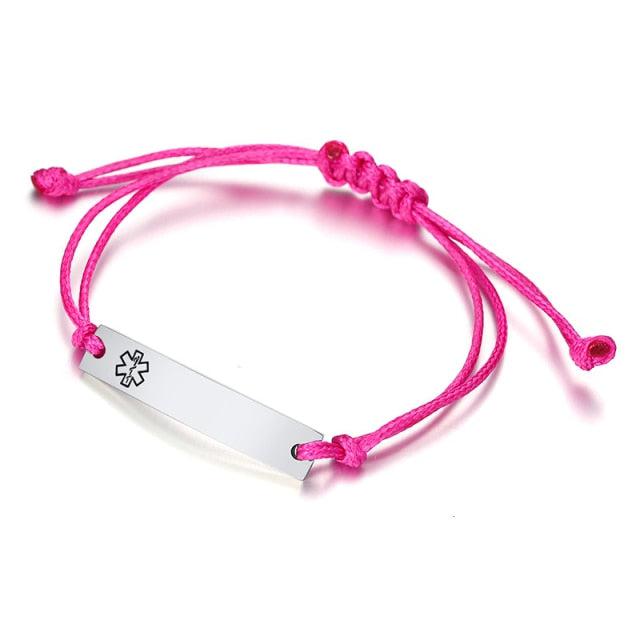 Pink Medical ID Alert Bracelet with Adjustable Rope-Medical ID Bracelet-Auswara