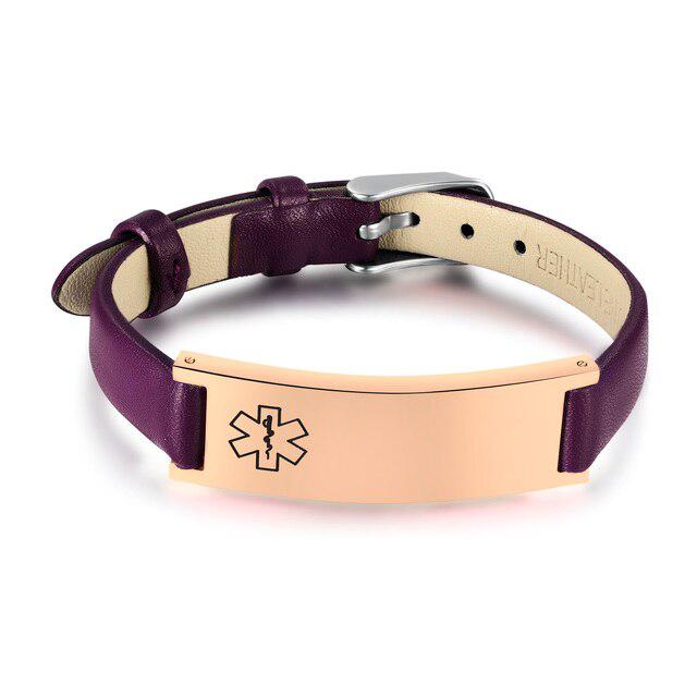 Purple Leather Medical Alert ID Bracelet with Rose Gold Bar-Medical ID Bracelet-Auswara