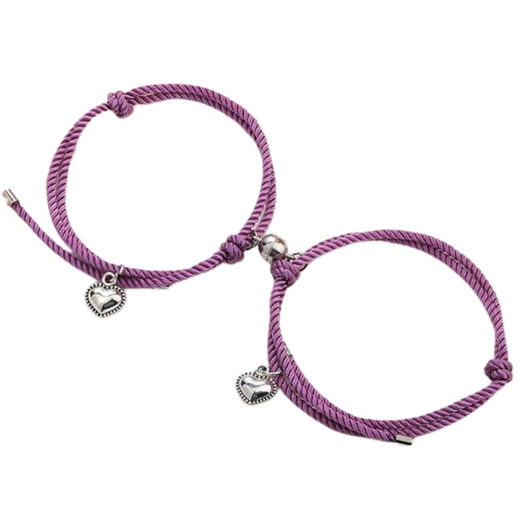 Purple Magnetic Couple Rope Bracelets with Hearts-Couple Bracelet-Auswara