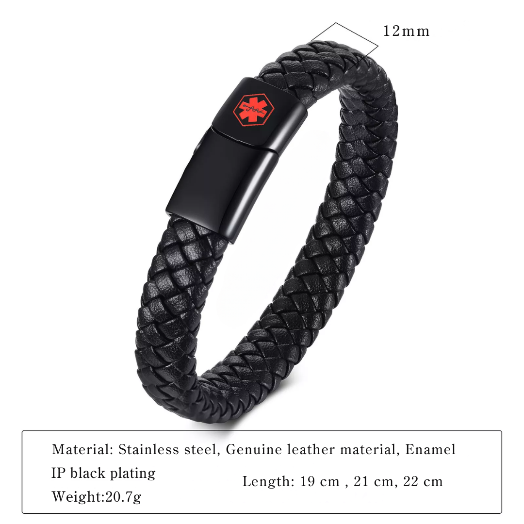 Red-Alert Leather Medical ID Bracelet