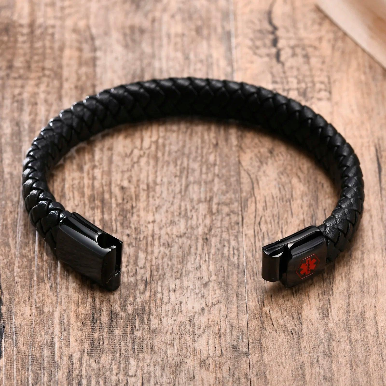 Black Braided Leather Medical Alert Bracelet-Medical ID Bracelet-Auswara