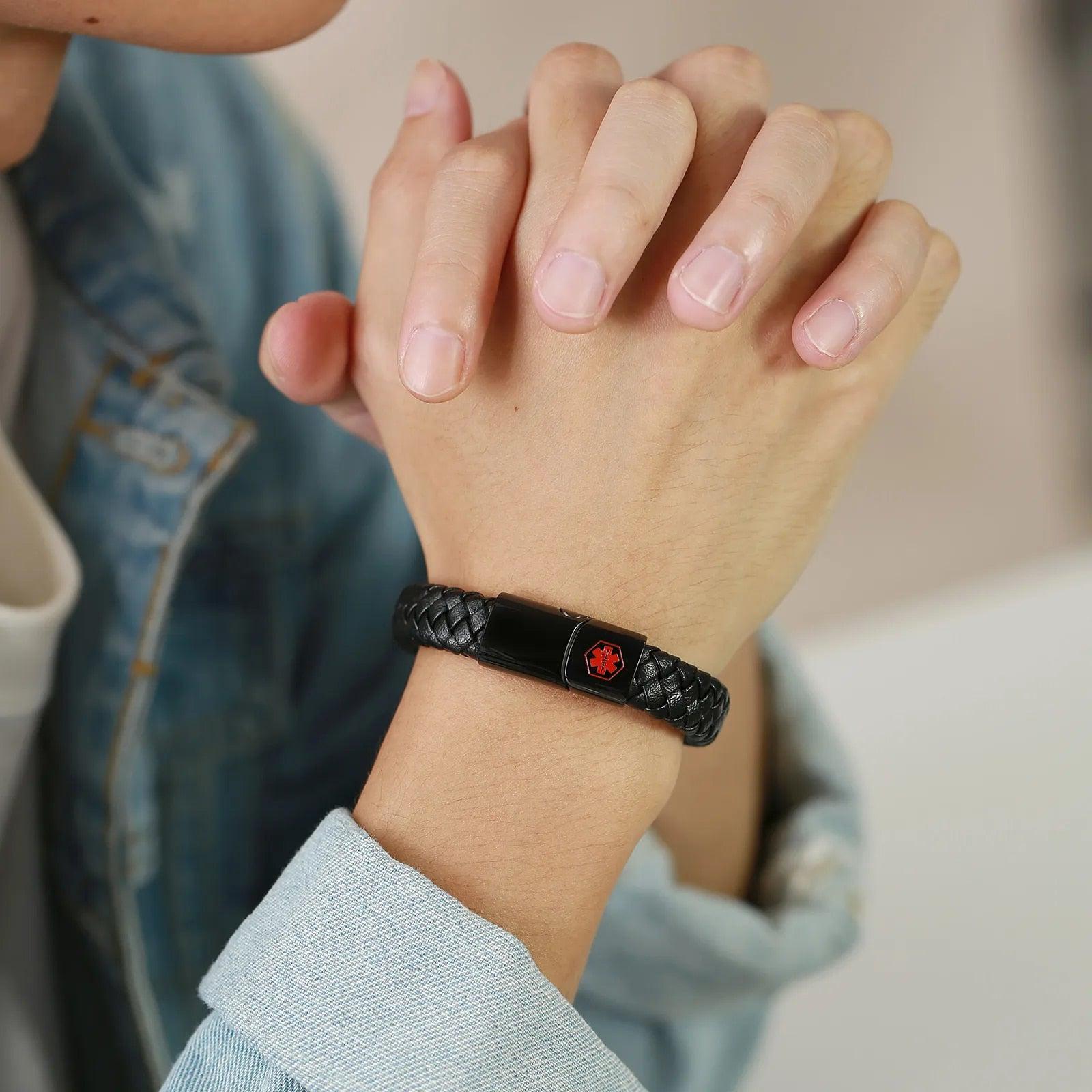 Black Braided Leather Medical Alert Bracelet-Medical ID Bracelet-Auswara