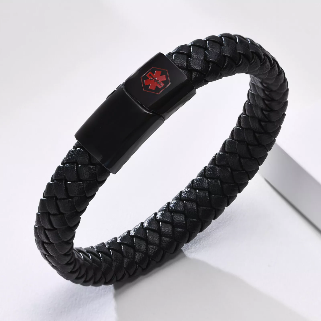 Red-Alert Leather Medical ID Bracelet