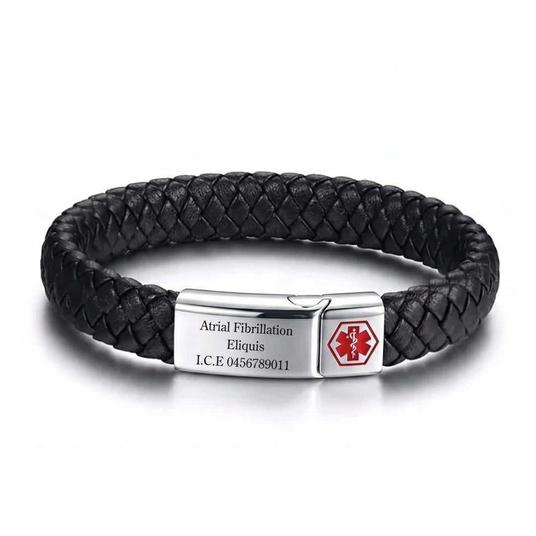 Red-Alert Leather Medical ID Bracelet with Silver Clasp-Medical ID Bracelet-Auswara