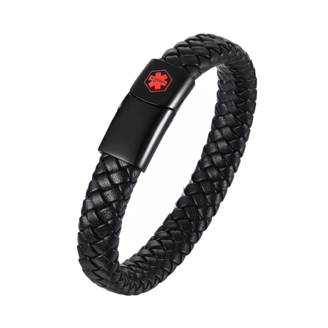 Black Braided Leather Medical Alert Bracelet-Medical ID Bracelet-Auswara