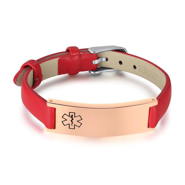 Red Leather Medical Alert ID Bracelet with Rose Gold Bar-Medical ID Bracelet-Auswara