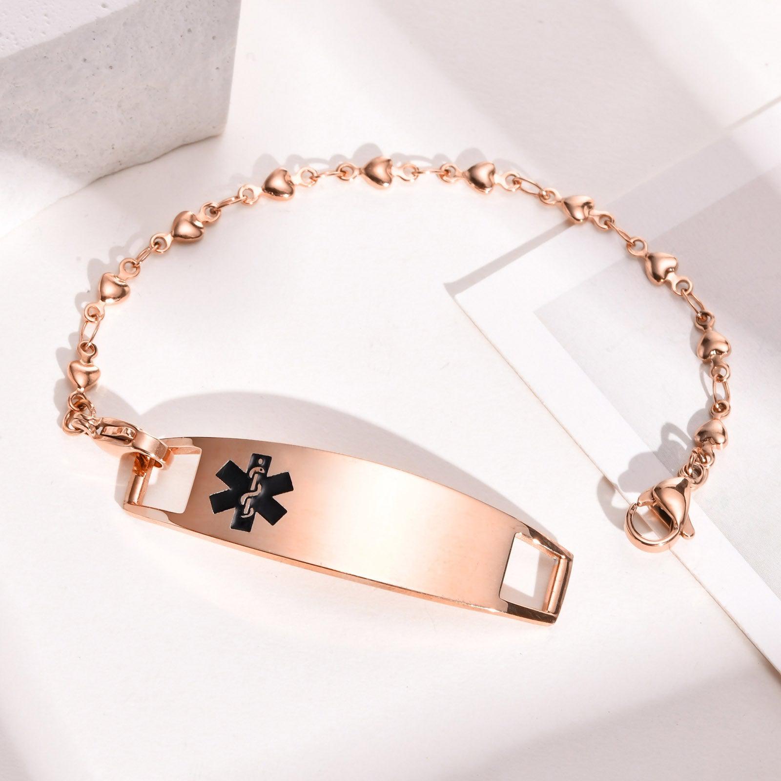 Rose Gold Heart Link Medical Alert Bracelet-Medical ID Bracelet-Auswara