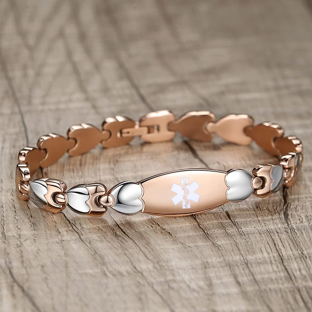 Rose Gold & Silver Heart-Link Medical ID Bracelet-Medical ID Bracelet-Auswara