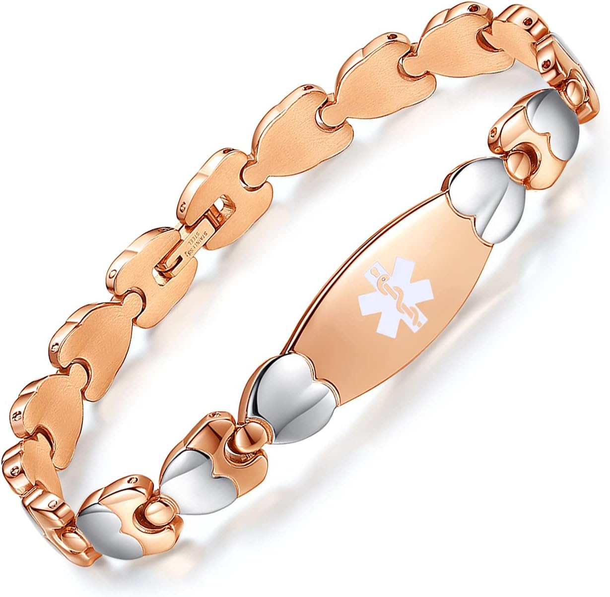 Rose Gold & Silver Heart-Link Medical ID Bracelet-Medical ID Bracelet-Auswara