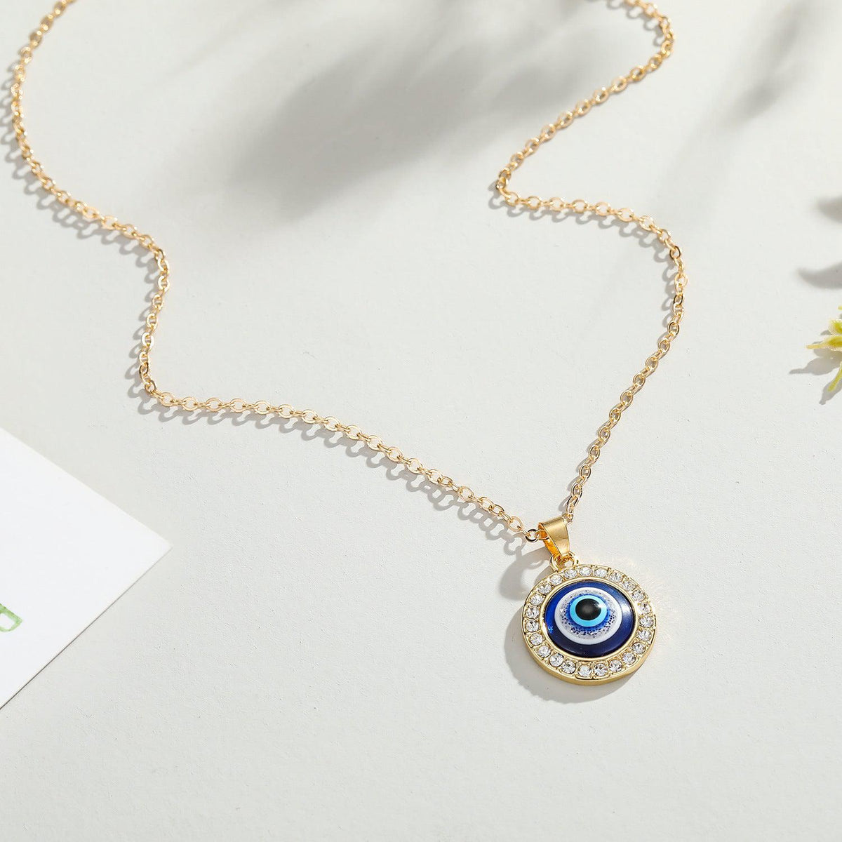 Round Evil Eye Pendant Necklace with Cubic Zirconia in Gold Colour-Evil Eye Necklace-Auswara